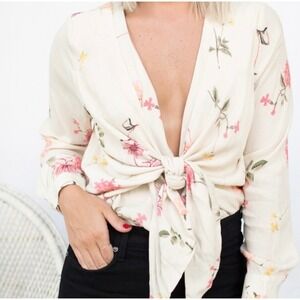 NWT Revolve Capulet Cream Floral Tie Front Long Sleeve V-Neck Bodysuit